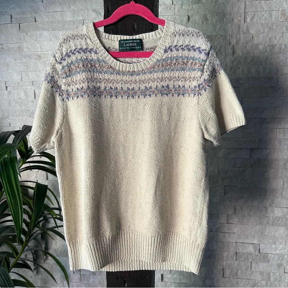 Ralph Lauren Hand Knit Fair Isle Cotton Linen Blend Short Sleeve Sweater Size S